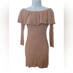 NWT Olivaceous Soft Ribbed Knit Off Shoulder Ruffle Cashmere Blend Mini Dress